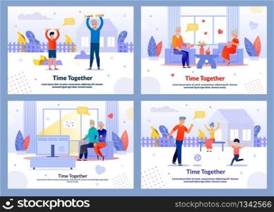 Adorable Happy Grannies and Children Flat Banner Set. Family and Relatives. Rest, Relaxation, Sport Activities. Grandparents and Grandchildren Characters. Time Together. Vector Cartoon Illustration. Adorable Happy Grannies and Children Banner Set