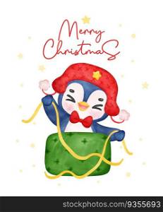Adorable joyful Baby Penguin Wrapping Christmas Gift Box in Festive Watercolor, Delightful Watercolor Cartoon illustration. Perfect for Cards, Invitations, and Decorations.