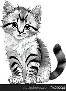 Adorable Kitten: Black Outline Illustration with White Background