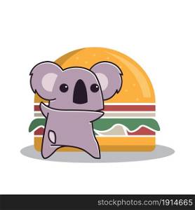 Adorable Koala Eating Food Big Burger Animal Flat Cartoon Character