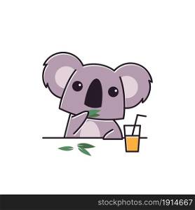 Adorable Koala Eating Food Eucalyptus Drink Animal Flat Cartoon Character