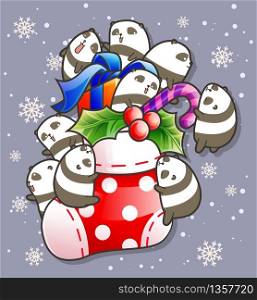 Adorable pandas and the red sock in Christmas day