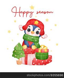 Adorable Penguin Celebrates Christmas, Sitting on Gift Boxes. Colorful Watercolor Cartoon 