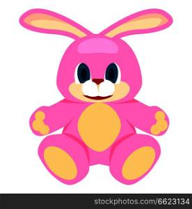 Adorable pink big soft bunny with blue eyes and red nose isolated on white background. Cute fluffy toy rabbit vector illustration.. Adorable Pink Big Soft Bunny Isolated Illustration