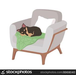 Adorable small dog sleeping in comfortable armchair semi flat color vector character. Editable full body animal on white. Simple cartoon style illustration for web graphic design and animation. Adorable small dog sleeping in comfortable armchair semi flat color vector character