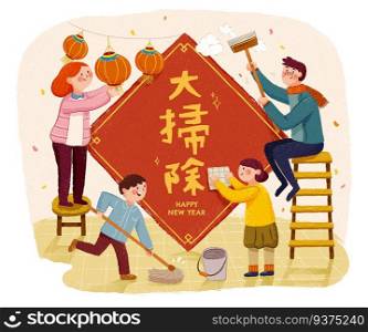 Adorable spring cleaning illustration with family doing household chores together, big cleaning written in Chinese words. Spring cleaning illustration