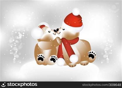 Adorable teddies on Christmas with snow flakes - illustration