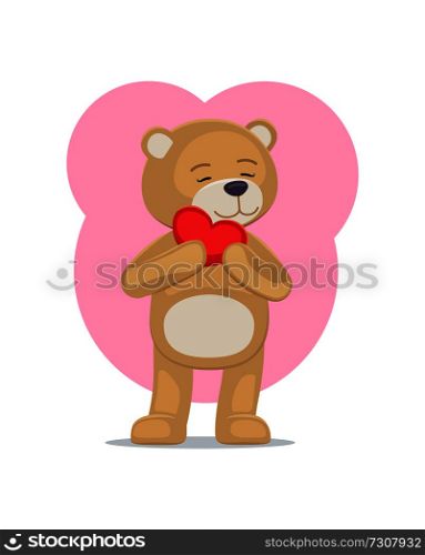 Adorable teddy gently holds heart at head, lovely bear animal with red balloon or pillow, vector illustration greeting card design on Valentines day. Adorable Teddy Gently Holds Heart Head Lovely Bear