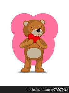 Adorable teddy gently holds heart at head, lovely bear animal with red balloon or pillow, vector illustration greeting card design on Valentines day. Adorable Teddy Gently Holds Heart Head Lovely Bear