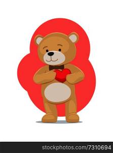 Adorable teddy gently holds his heart on chest, lovely bear animal with red balloon or pillow, vector illustration greeting card design, Valentines day. Adorable Teddy Gently Holds Heart on Chest Bear