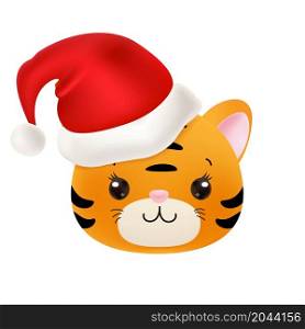 Adorable Tiger Head with Santa Hat. 2022 New Year Symbol. Cartoon style. Vector.. Adorable Tiger Head with Santa Hat. 2022 New Year Symbol. Cartoon style.