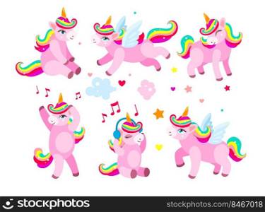 Adorable unicorn cartoon character vector illustrations set. Drawings of magical horse with rainbow hair isolated on white background. Magic, fantasy concept for birthday card design for girls or kids