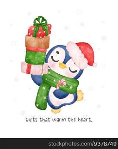 Adorable watercolour cute baby penguin carrying a stack of wrapped present boxes brings festive cheer to your holiday projects.