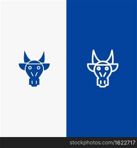 Adornment, Animals, Bull, Indian, Skull Line and Glyph Solid icon Blue banner Line and Glyph Solid icon Blue banner