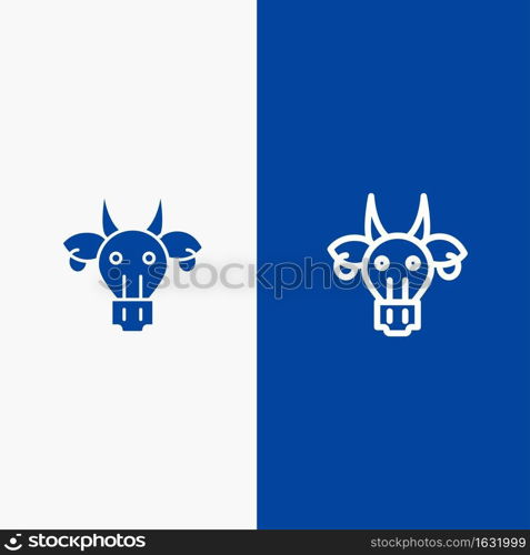 Adornment, Animals, Bull, Indian, Skull Line and Glyph Solid icon Blue banner Line and Glyph Solid icon Blue banner