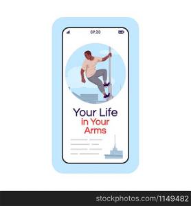 Adrenaline addiction social media post smartphone app screen. Mobile phone display with cartoon character design mockup. Extreme activities obsession treatment application telephone interface