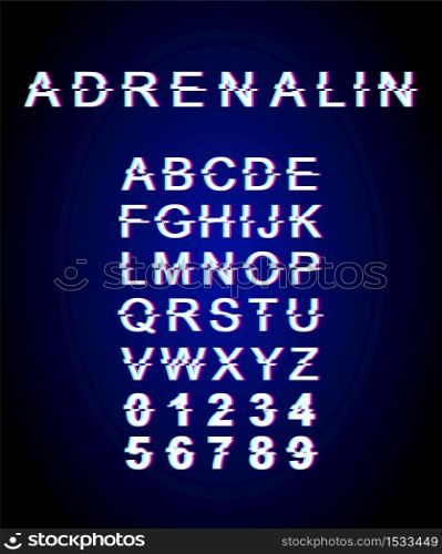 Adrenaline glitch font template. Retro futuristic style vector alphabet set on dark blue background. Capital letters, numbers and symbols. Stress hormone typeface design with distortion effect