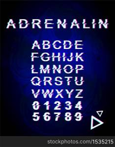 Adrenaline glitch font template. Retro futuristic style vector alphabet set on dark blue holographic background. Capital letters, numbers and symbols. Hormone typeface design with distortion effect