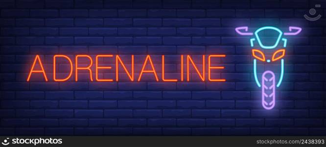 Adrenaline neon style banner. Text and front view of scooter on brick background. Night bright advertisement. Can be used for signs, posters, billboards
