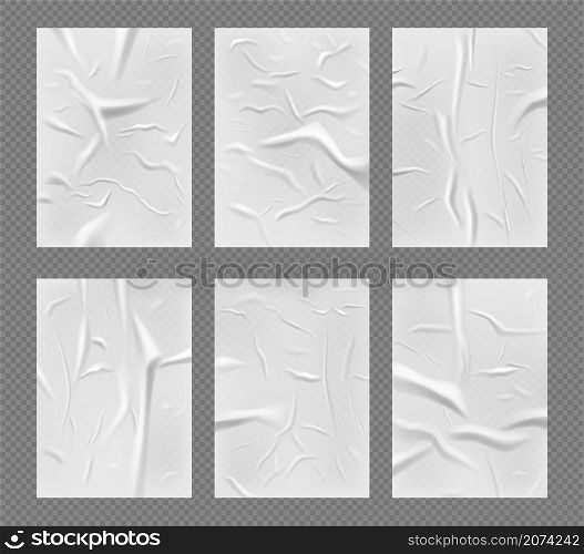 Ads realistic glue paper. Crumpled texture of water paper mockup wallpaper street poster for wall decent vector illustrations set. Blank paper texture, wet empty glued crumpled. Ads realistic glue paper. Crumpled texture of water paper mockup wallpaper street poster for wall decent vector illustrations set
