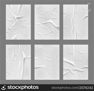 Ads realistic glue paper. Crumpled texture of water paper mockup wallpaper street poster for wall decent vector illustrations set. Blank paper texture, wet empty glued crumpled. Ads realistic glue paper. Crumpled texture of water paper mockup wallpaper street poster for wall decent vector illustrations set