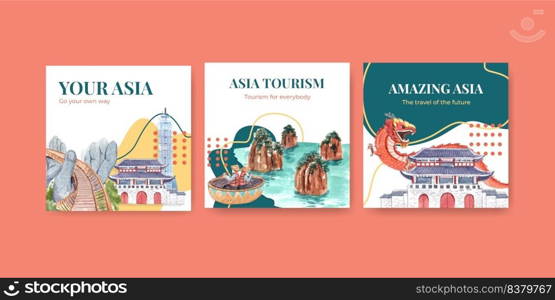 Ads template with Asia travel concept design for marketing and advertise watercolor vector illustration 