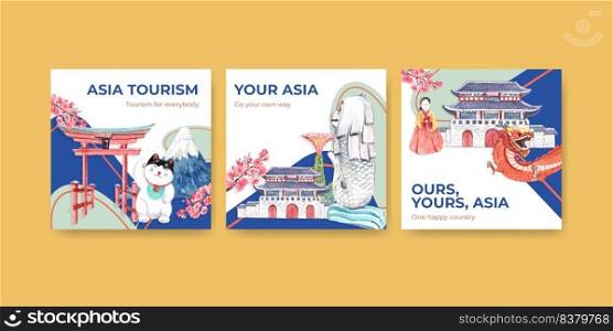 Ads template with Asia travel concept design for marketing and advertise watercolor vector illustration 