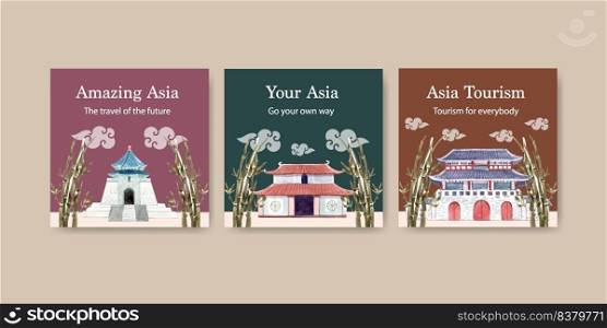 Ads template with Asia travel concept design for marketing and advertise watercolor vector illustration
