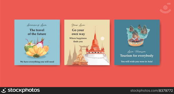 Ads template with Asia travel concept design for marketing and advertise watercolor vector illustration
