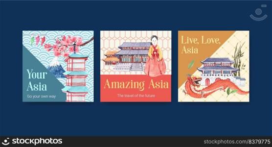 Ads template with Asia travel concept design for marketing and advertise watercolor vector illustration 