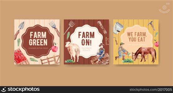 Ads template with farm organic concept design for marketing and advertise watercolor vector illustration.