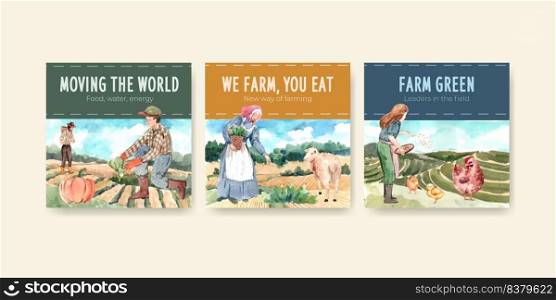 Ads template with farm organic concept design for marketing and advertise watercolor vector illustration. 