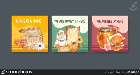 Ads template with honey concept design for marketing and advertise watercolor vector illustration 