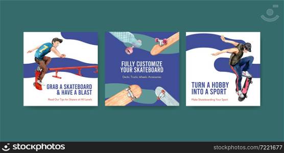 Ads template with skateboard design concept for advertise and leaflet watercolor vector illustration.