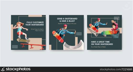 Ads template with skateboard design concept for advertise and leaflet watercolor vector illustration.