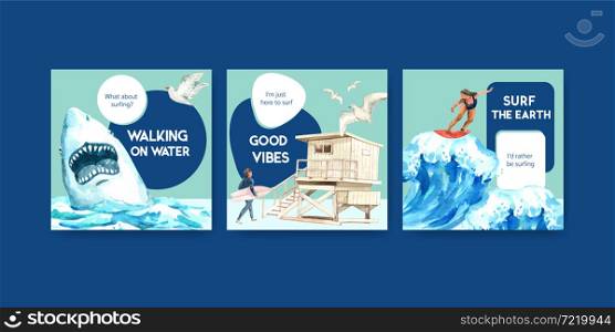 Ads template with surfboards at beach design for advertise and marketing watercolor vector illustration