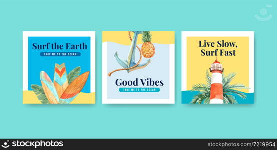 Ads template with surfboards at beach design for advertise and marketing watercolor vector illustration