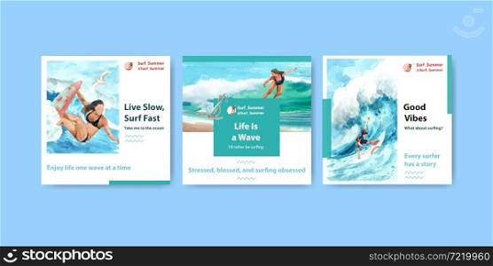 Ads template with surfboards at beach design for advertise and marketing watercolor vector illustration