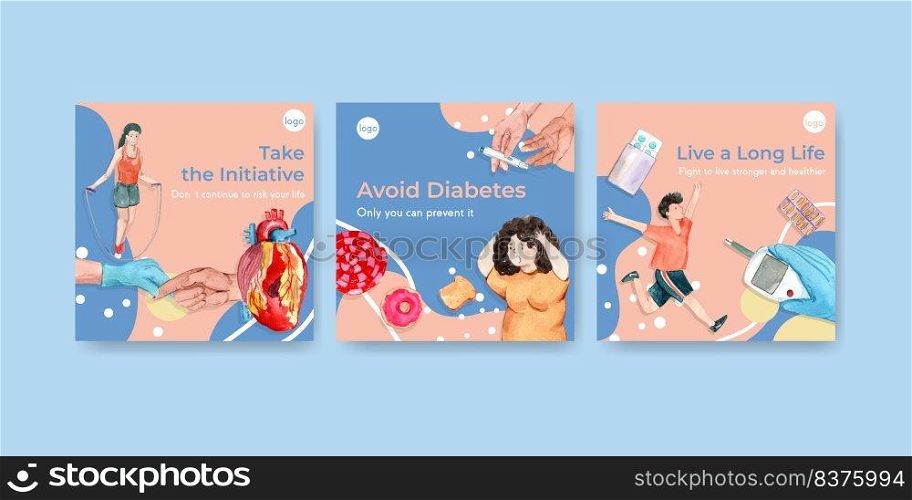 Ads template with world diabetes day concept design for marketing watercolor vector illustration.
