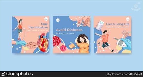 Ads template with world diabetes day concept design for marketing watercolor vector illustration.
