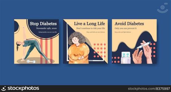 Ads template with world diabetes day concept design for marketing watercolor vector illustration. 