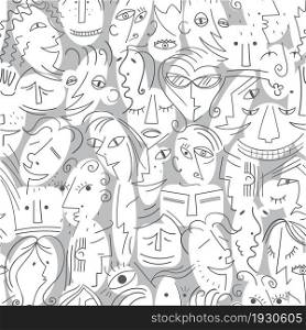 Adstract cute faces of people. Line art. Seamless pattern. Vector illustration.