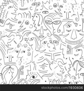 Adstract cute faces of people. Line art. Seamless pattern. Vector illustration.
