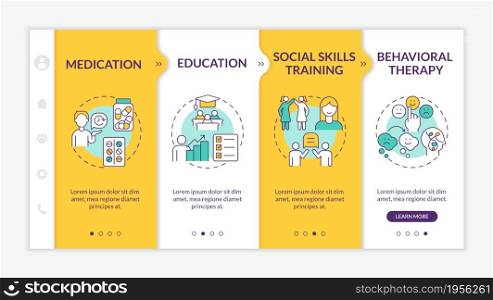 Adult ADHD management onboarding vector template. Responsive mobile website with icons. Web page walkthrough 4 step screens. Social skills training color concept with linear illustrations. Adult ADHD management onboarding vector template