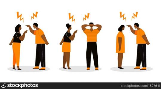 Adult african man and woman, husband and wife in conflict. Concept of family quarrels, aggression, violence, relationship problems, divorce. Set of seven couples. Flat isolated vector illustration.