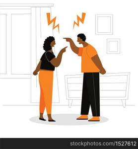 Adult african man and woman quarrel. Concept of family conflicts, resentment, aggression, divorce. Husband and wife scream and swear. Flat vector illustration isolated.