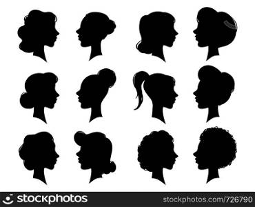 Adult and young womans vintage side faces silhouette. Woman face profile or side female head silhouettes with updo hair. Black women heads profiles flat isolated vector set on white background. Adult and young womans vintage side faces silhouette. Woman face profile or female head silhouettes. Women heads profiles vector set