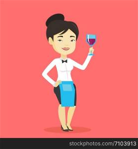 Adult bartender holding a glass of wine in hand. Bartender at work. Waitress looking at glass of red wine. Smiling bartender examining wine in glass. Vector flat design illustration. Square layout.. Bartender holding a glass of wine in hand.