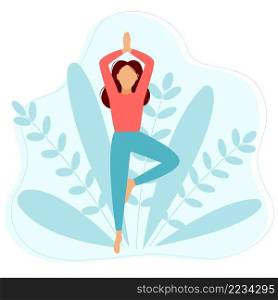 Adult beautiful girl stands in balance pose. Woman doing yoga concept. Young lady relaxing, love and care for yourself vector illustration. Adult beautiful girl stands in balance pose