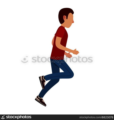 Adult cartoon male character in red T-shirt, sports trousers and sneakers runs away isolated vector illustration on white background.. Cartoon Male Character In Motion Illustration